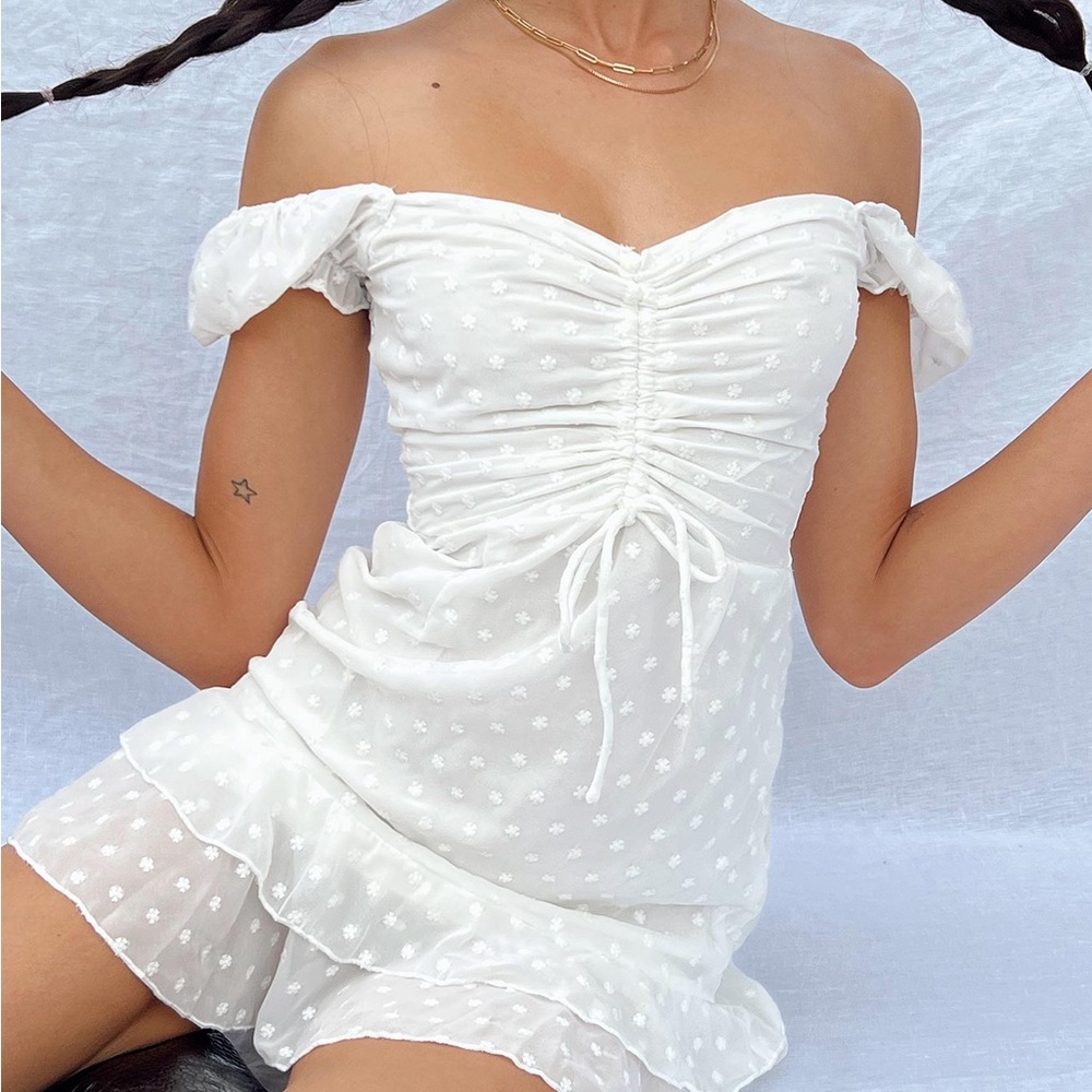 Princess Polly White Swiss Dot Puff Sleeve Mini Dress - Picture 4 of 8
